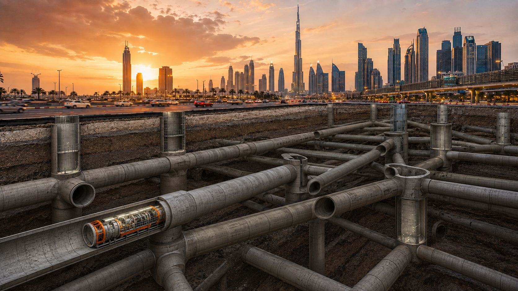 Dubai skyline above an extensive underground pipeline network with one microtunnelling machine