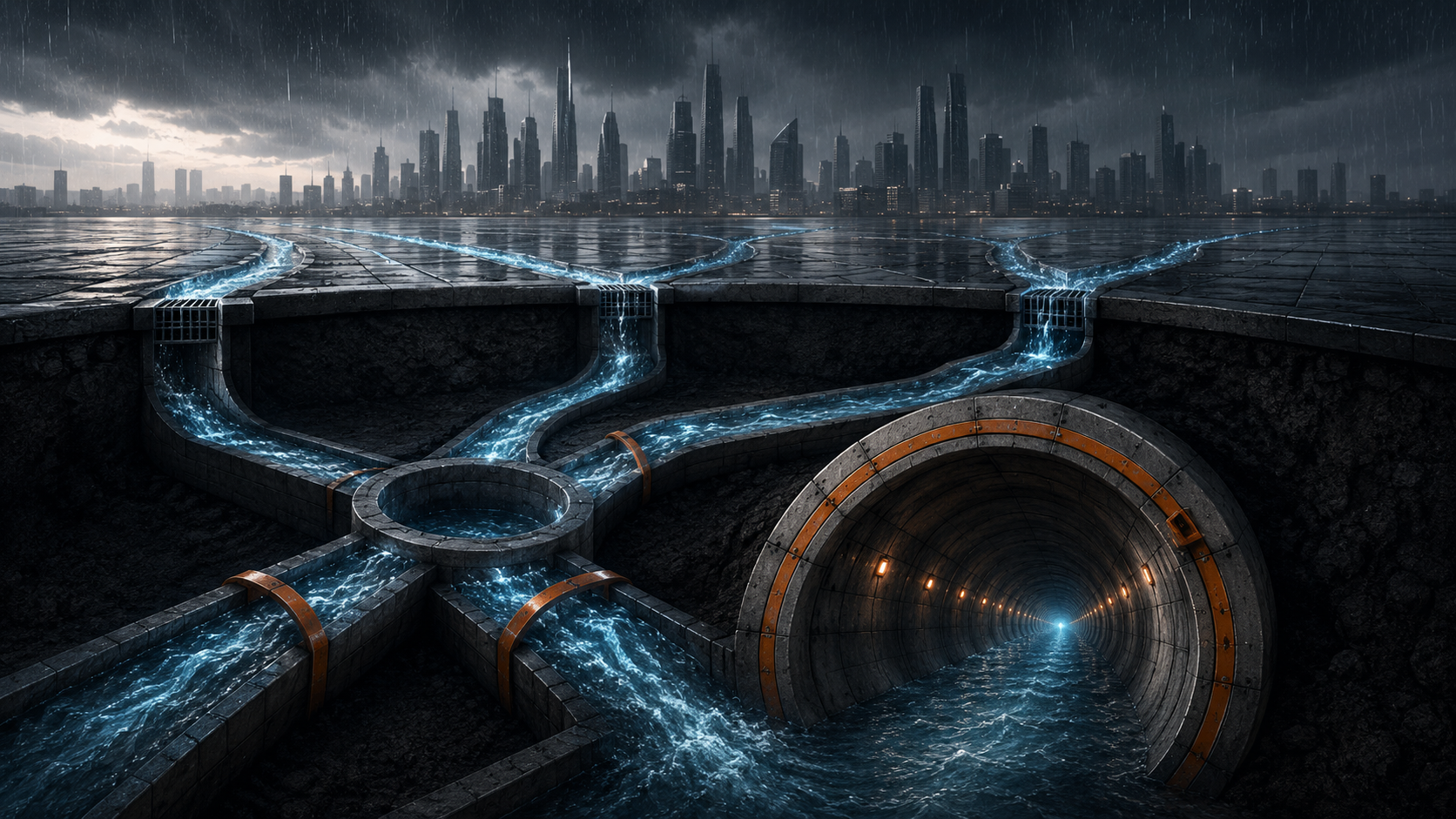 Conceptual Dubai stormwater flows entering a deep drainage tunnel