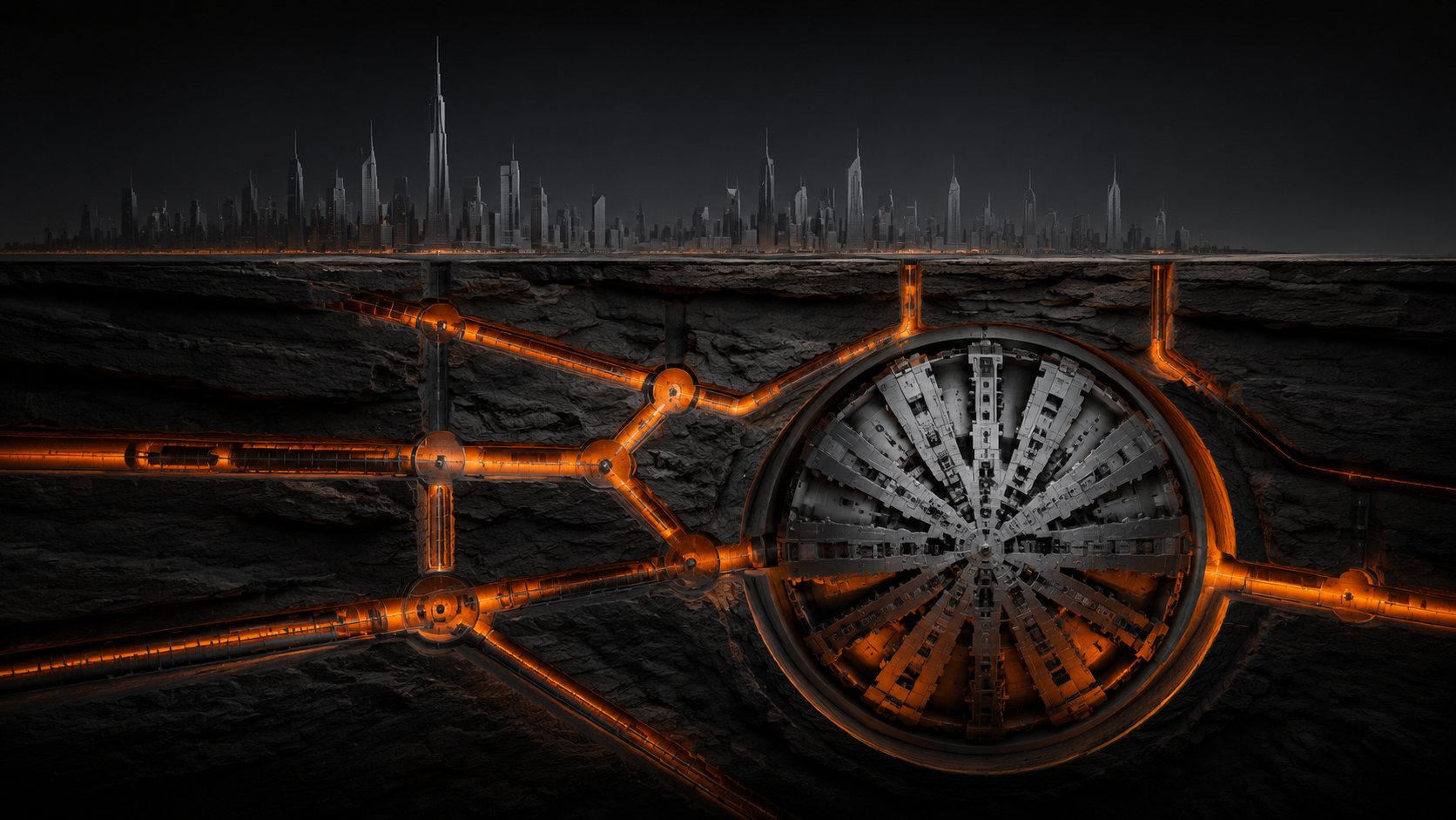 Conceptual view of Dubai above an illuminated underground tunnel network